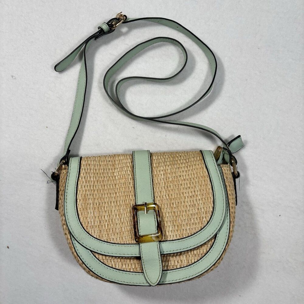 Izzy & Ali Straw Vegan Leather Crossbody Shoulder Bag faux Tortoiseshell Buckle